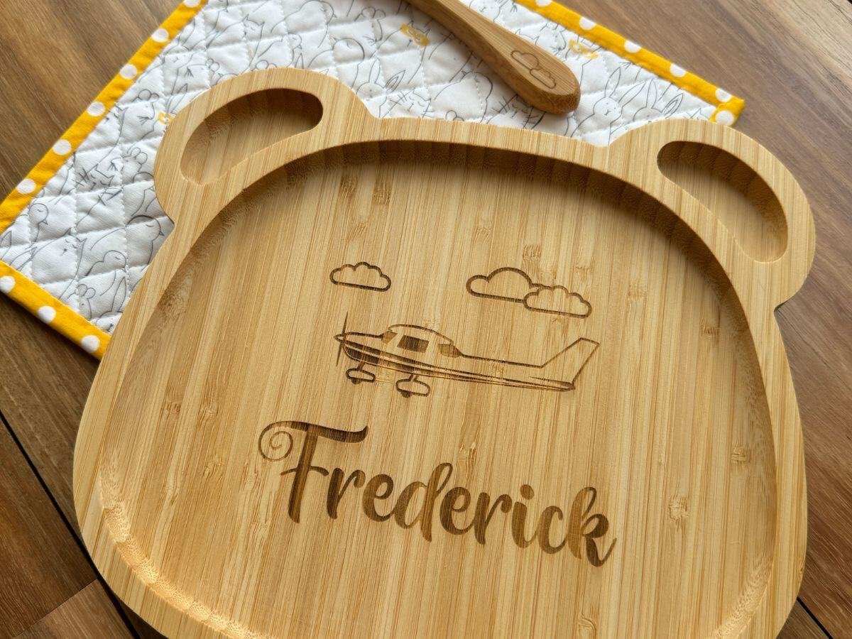 Bamboo baby plate engraved for Frederick 2