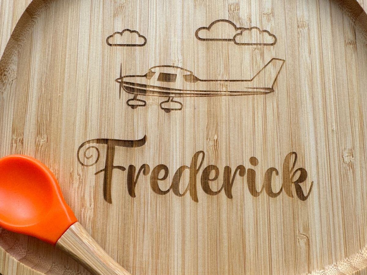 Bamboo baby plate engraved for Frederick 5